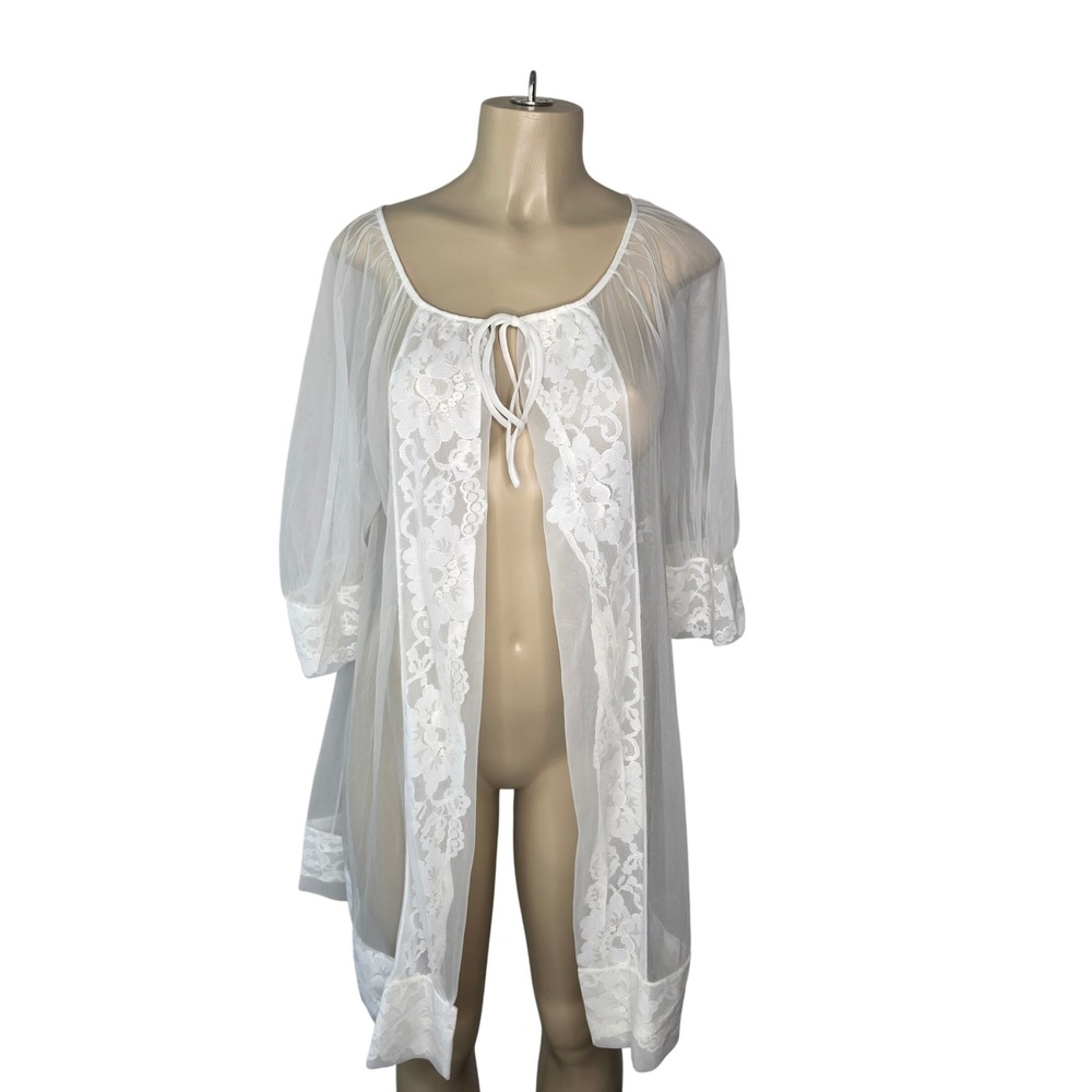Movie Star Robe Women Medium White Vintage Lace Trim Sheer Nylon Tricot USA Made